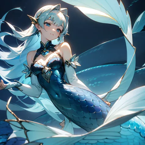 mermaid in the sea、blue scales、Fine scales below the bust line、silber hair、Close-fitting arm sleeves、earlobes are fins、expanded caudal fin