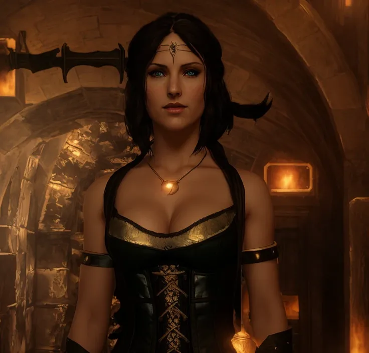 ((photorealistic)),  Professional photo of there is a woman in a corset and a sword in a room, cattie - brie of mithril hall, elven character with smirk, female elfling, alluring mesmer woman, yennefer of vengerberg, from skyrim, portrait of a female necro...