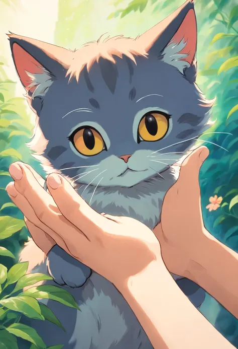 Hand touching half body of kitten