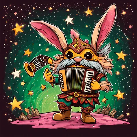 Rabbit Monster that is musical gnome-like with viking-like bard outfit brown tan and yellow red mane and a horned viking helm playing a accordion that blasts out pinkish-green light and stars, best quality, masterpiece, background concert, in matte art sty...