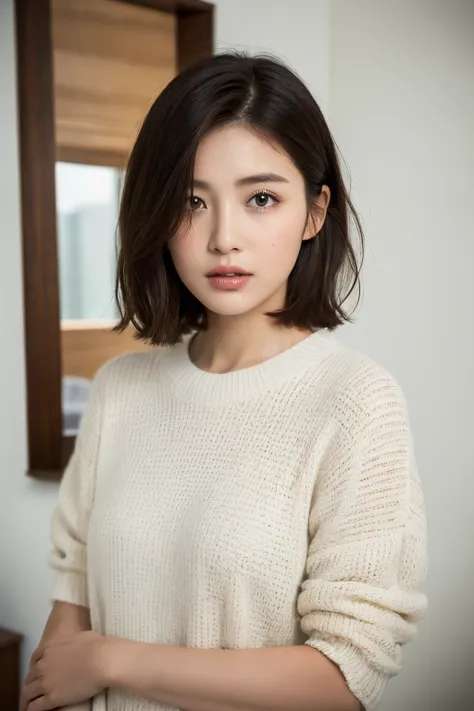 (top-quality、8k、32k、​masterpiece、UHD:1.2)、Photo of Pretty Japanese woman、女の子1人、(Dark brown medium short hair)、Short hair, boyish, Plain white T-shirt, photo-style description, 8K description, Sunlight, natural, masutepiece, Perfect、(white wall room with wi...