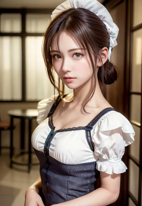 8K, of the highest quality, masutepiece:1.2), (Realistic, Photorealsitic:1.37), of the highest quality, masutepiece, Beautiful young woman, Pensive expression,、A charming、and an inviting look, Cute Maid Clothes, Hair tied back, Cinematic background, Light ...