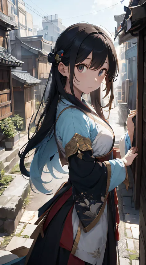 Huang Li，A high resolution，ultra - detailed，（1 busty girl：1.3）， Exquisite Hanfu ，Design beautiful temple scenes，Intricately detailed architecture，Lush gardens，and a sense of peace and spirituality..。 Broken armor ，Create an image of a destructive demon，Wit...