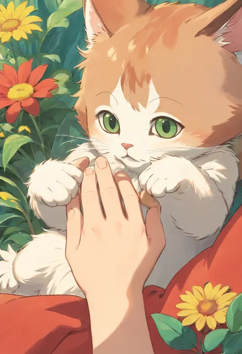 Hand touching lying kitten