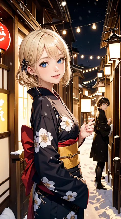 (​masterpiece),(top-quality:1.2),1girl in,(masuter piece:1.3),exquisitedetails, Highest quality 8K resolution,Vibrant colors,  With warm and gentle lighting,(Melody Mark:1.3),(Black floral kimono:1.3),(Lots of lanterns),(Smooth straight blonde hair:1.4),(H...