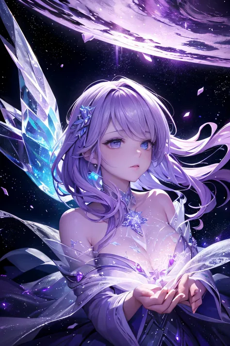 (raw photo:1.2), dreamwave, (aesthetic:0.7), a (frozen:1.1) cosmic rose, the petals glitter with a crystalline shimmer, swirling nebulas, ethereal lighting, purple, nighttime, (beautiful:1.1), darkness,