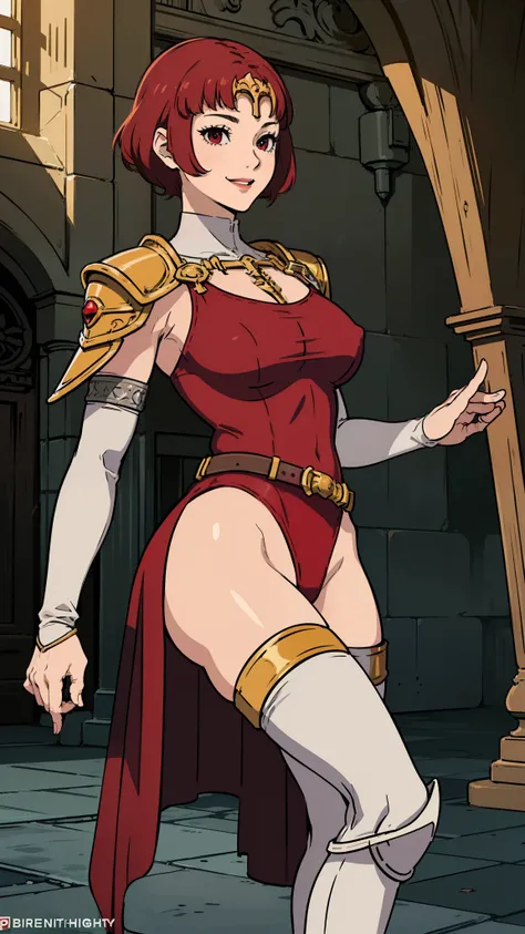 top-quality、Full limbs、complete fingers、one beautiful women、Beautiful Large Breasts、Medium short hair、straight haired、Red hair、(Red High Neck Leotard:1.3)、(Brown pantyhose)、((sacred place))、Woman knight、((Western armor、gauntlets、a belt、breastplates、Shin pa...