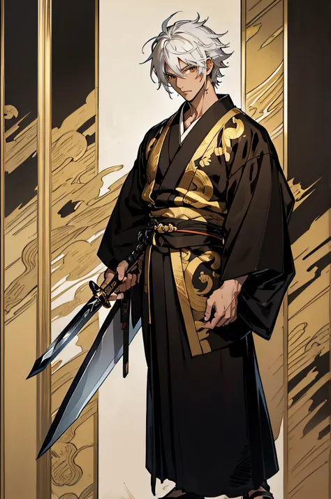 anime style drawing of tall boy brown  eyes with white hairs wearing black kimono with gold lining holding a scarred sword  full body