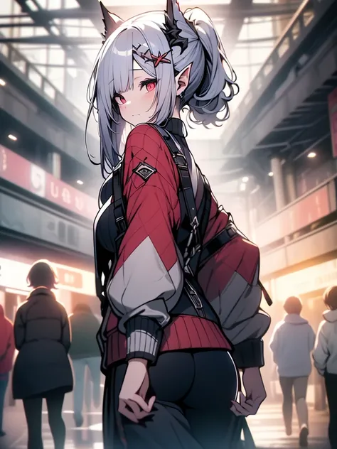 (((hight resolution，in 8K，​masterpiece，)))，full bodyesbian，from the rear，white  hair，Long ponytail，red eyes，Elven ears，White knitwear，teens girl，Plump ass