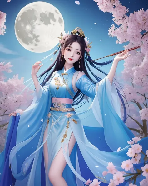 A Chinese fairy beauty looks up at the sky under the moon, and the sky is full of immortals