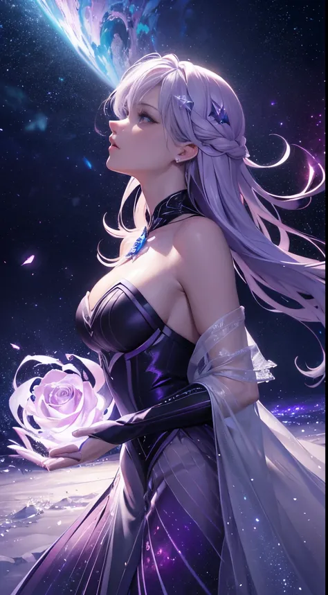 dreamwave, aesthetic, a (frozen:1.1) cosmic rose, the petals glitter with a crystalline shimmer, swirling nebulas, 8k unreal engine photorealism, ethereal lighting, purple, nighttime, darkness, surreal art