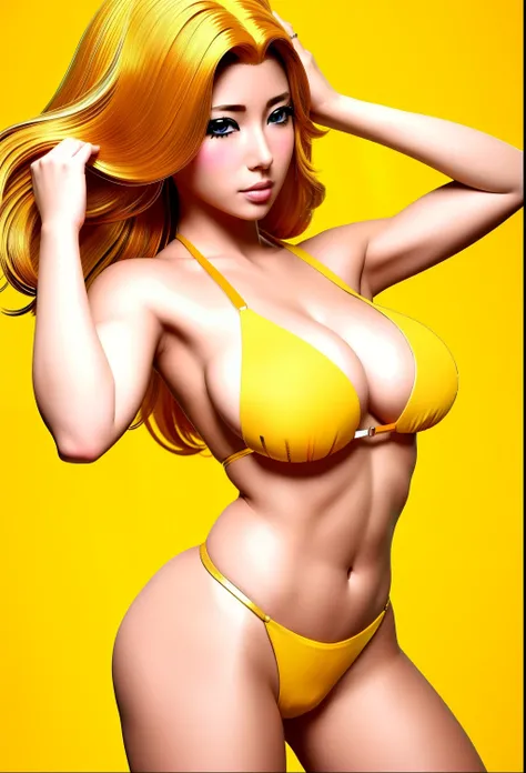 an anime girl、a matural female、beautiful a girl、Woman in swimsuit、garments:Bikini swimwear、Short blonde woman、Medium hair、Semi-long hair、solo、yellow_background、orange_background、gold_background、red_bow、rating:safe、bow、high-heels、hair_bow、smile、armpits、Yell...