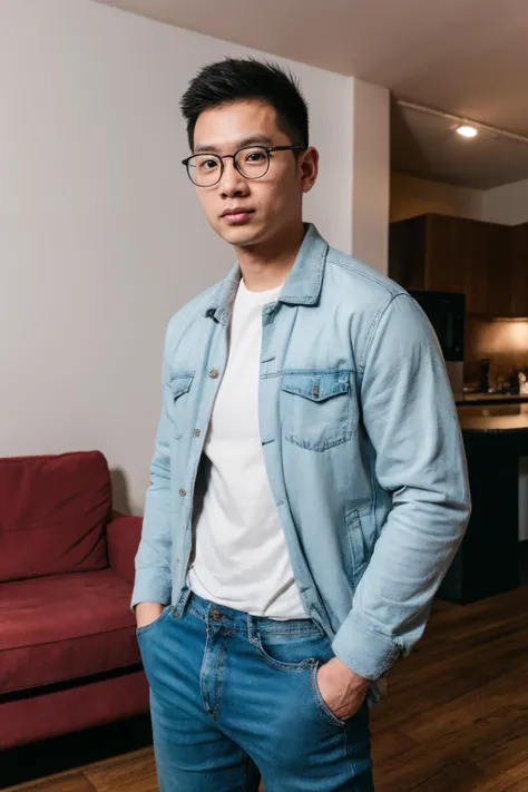 Andrew thomas huang, oval face, eyeglasses, neat muscular, jacket, shirt, jeans, sneakers, living room, standing