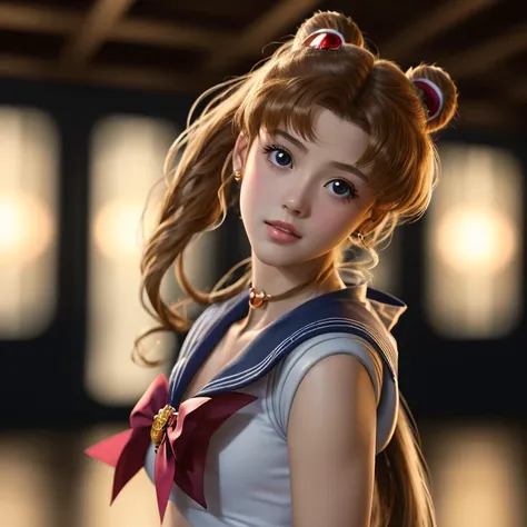 A real life adaption of tsukino usagi,from the world of Sailor Moon, exquisite face, front view, symmetry, side lighting, indoor, isolated in dark background, hyper realistic, solo