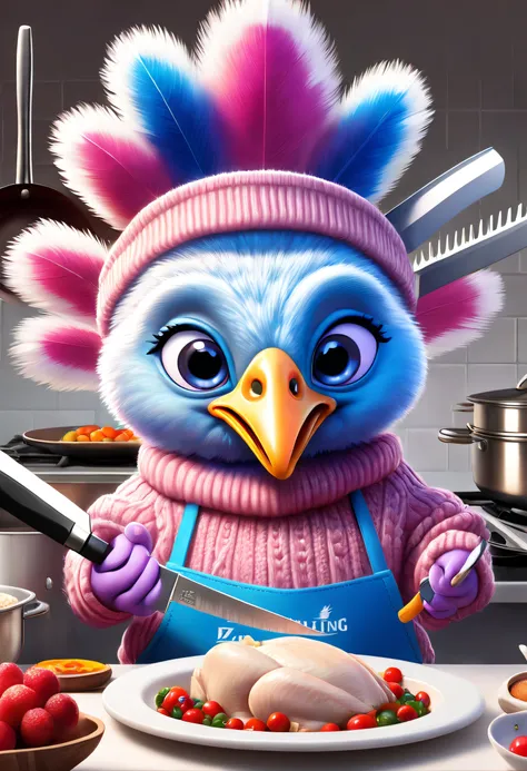 Brand advertising, Creative poster, Cute turkey wearing blue and pink sweater, Pixar’s Zwilling Kitchen Knife, cooking a, 3Drenderingof, Focus sharp, ultra-realistic realism, Fluffy, fantasy engine, 5 quality rendering, 3Drenderingof, furry art,