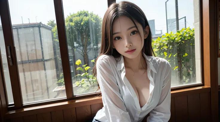 Natural strawberry blondes and redhead girls，Cute face, Cute pose, Happy in white button-up shirt, Petite figure, Skinny, Atmospheric, Dark atmosphere, edge lit, Mao Akiyama、Aya Yamamoto、Matsui Tower Marina、Asuka Saito、Facial features of Mayo Akiyama, 8K, ...