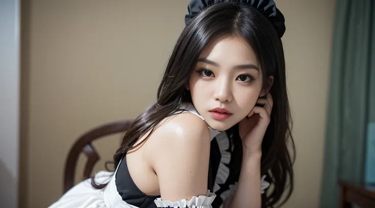 Slender Asian girl, K-pop idol, ((Maid uniform)), ((top-quality, 8K, tmasterpiece: 1.3)), Focus Clear: 1.2, Beautiful woman with perfect figure: 1.4, Highly Detailed Face and Skin Textur, A detailed eye, ((Skinny)), pretty  face, Symmetrical face, whole-le...