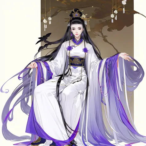 An ancient Chinese beauty，solo person，female focus，Full body concept design，Yingluo Huanpei，Dignified temperament，A long flowing dress，Clear face，pretty eyes，Purple myrtle，tmasterpiece，ultra - detailed，simplebackground，Epic composition，Super HD，high qulity...