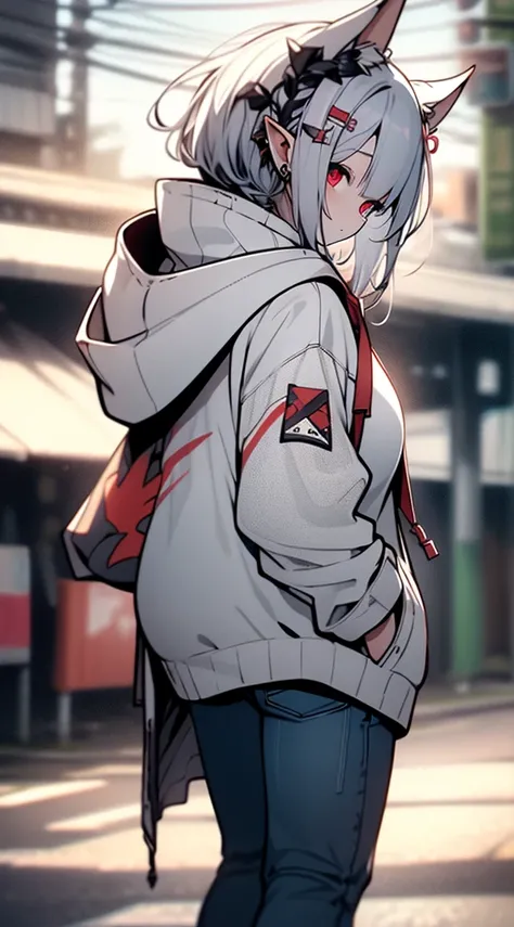 (((hight resolution，in 8K，​masterpiece，)))，full body Esbian，from the rear，white  hair，Odango Hair，red eyes，(Elven ears:1.2)，(White hoodie:1.2)，jeans，Plump butt visible through jeans