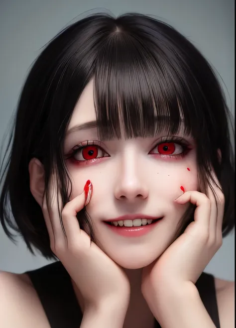 ((best quality)), ((highly detailed)), masterpiece, absurdres, detailed face, beautiful face, (1girl), yandere trance, yandere, hands on own face, hands on own cheeks, creepy, shaded face, messy bangs, short messy hair, black hair, red eyes, fangs, smiling...