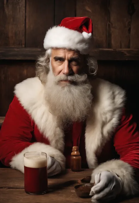 A photo of Bad Santa sitting at a dimly lit dive bar, surrounded by empty bottles and crumpled napkins.,original,His iconic red suit, now disheveled and stained, reflects a life marred by neglect and vice. The once neatly-groomed white beard is unkempt, an...