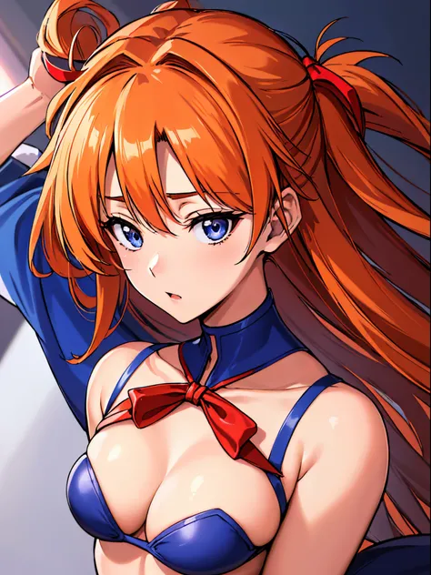 (masutepiece),(Best Quality), Asuka Langley Soryu，Soio、Blue eyes，hair between eye，headware，Interface headset，20yr old、Colossal tits,Orange hair，Red Ribbon、bow ribbon、 、​masterpiece、Soio、Extremely small underwear、Big breasts、((Smaller head)）、1 female、furiso...