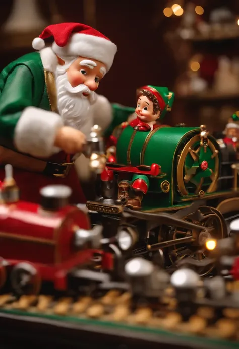 A close-up of Elfred carefully assembling the mechanical components of a toy train,original,Santa’s head elf, Elfred, presents a deceptive appearance with his small, sprightly frame, twinkling green eyes, and a constant smile under a neatly trimmed white b...