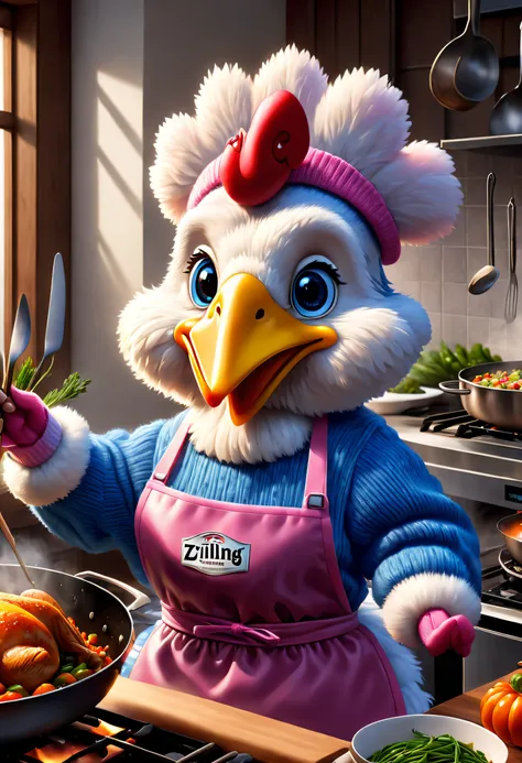 brand advertising, creative poster, stylish cute turkey wearing blue sweater and pink apron,cooking，pixar&#39;s zwilling, stir-f...