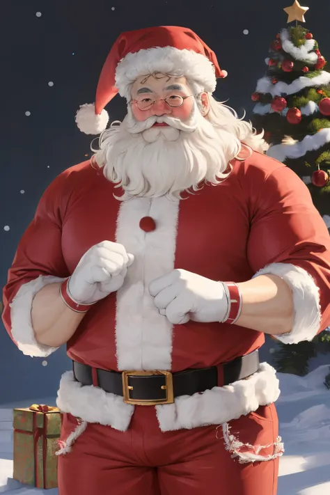 (masutepiece, Best Quality, Ultra-realistic）giant dog dressed as santa、Fluffy texture、well-muscled、Slightly chubby body with outstretched hands、Embarrassed face、Detailed crotch、Anime style、sexy  pose