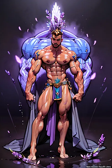 ((Confident pose:1.5)), a painting of a (((muscular))) man with water Aura, large body of water surrounds man, The God Poseidon, ((thick muscular thighs)), The God of the Sea, brown loincloth, golden crown, Poseidon, colored lavender skin, colored skin, ((...