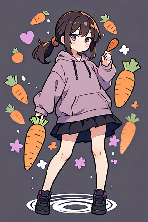 solo, girl, pony tail, black hair, brown hair, Purple Hoodie, full body, hold twig, tie, Y-shirt, carrot skirt