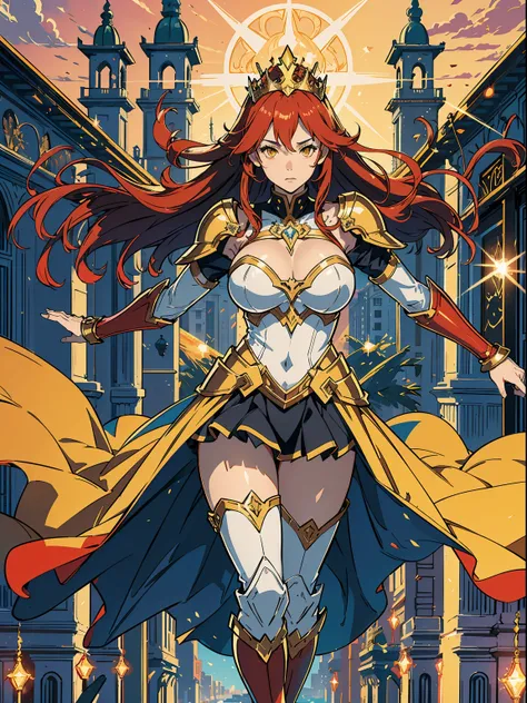 (extremely beautiful and delicate), superhero girl, long flowing red hair, bright yellow eyes, holy knight themed costume, super heroine, golden armor, gauntlets, armored boots, flying, long red cape, golden tiara, exposed thighs, big breasts, cleavage, br...