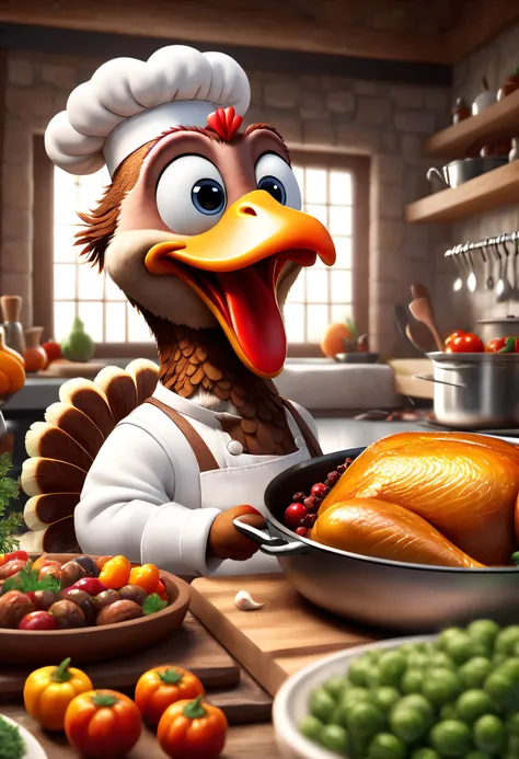 Brand advertising, Creative poster, Cute turkey chef is cooking， by Pixar&#39;Szwilling， 3 Rendering, Focus sharp, ultra-realistic realism, Fluffy, fantasy engine, 5 quality rendering, 3 Rendering, furry art,