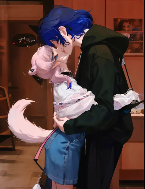 anime - style image of a woman holding a dog and a stuffed animal, kissing together cutely, kissing together, neko, hugging, cou...