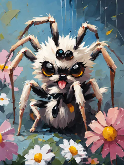 beautiful puppy spider on flower, palette knife painting --ar 3:2 --v 4