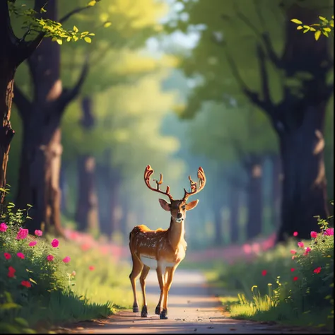 a magnificent and mythical deer god, wandering and enjoying the scent of the flowers on the forest floor --auto --s2