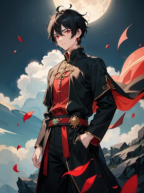 1boy, short medium scruffy hair, black hair, light breeze, facing right, looking at viewer, hands in pocket, red eyes, perfect eyes, glowing eyes, dark background, fantasy aesthetics, perfect quality, ultra detail, moon, light breeze, long earrings, fantas...