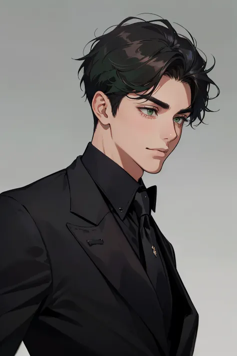 ((a young man in a black suit and tie)), taken in the early 2020s, gotham, alejandro, he looks very sophisticated, (((left side swept bang black short hair))), (dark green eyes and thick eyebrows), smirk. ((20 years old)), ((Black suite and black tie)), ma...