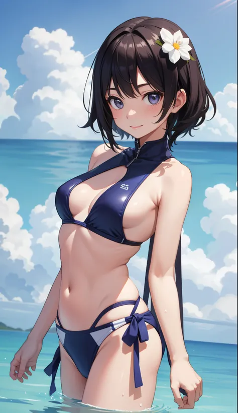 1girl in、AS-Adult、realisitic、Realistis、３Ｄ、A smile、swim wears、Separate、Cute swimsuit、The bikini、Waist wrap、（small tits）、Upper body portrait、