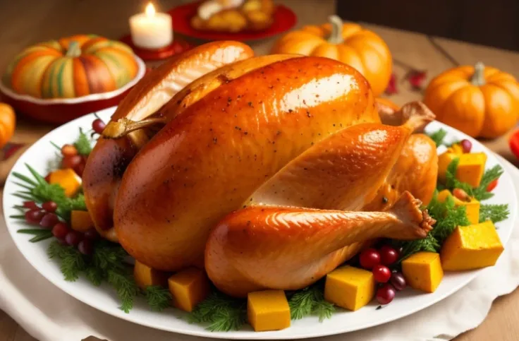 (best quality,4k,8k,highres,masterpiece:1.2), succulent roast turkey, delicious roast turkey, beautifully cooked turkey, Thanksgiving feast, appetizing, stuffed turkey, traditional Thanksgiving food, autumn colors, Thanksgiving gathering, mouthwatering