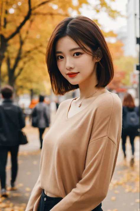 femele, (Realistic), (Hyper-Realism), (Photorealistic), depth of fields, eye make up:0.5, (Upper body:1.2), (Narrow waist:0.7), Looking at the viewer, Autumn casual outfit, in the city street,