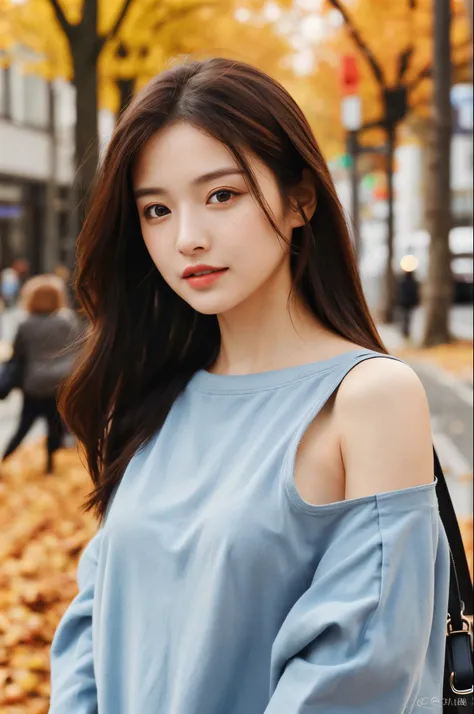 femele, (Realistic), (Hyper-Realism), (Photorealistic), depth of fields, eye make up:0.5, (Upper body:1.2), (Narrow waist:0.7), Looking at the viewer, Autumn casual outfit, in the city street,