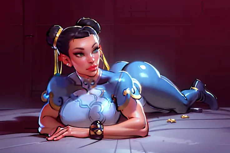 (View from above:1.1), ((Best quality, 8k, Masterpiece :1.3)), pretty woman, 1girl, ((chun_li)), gigantic breasts :1.3, (firm abs, slender figure :1.1), laying down on bed, inviting the viewer, lustful, ((teal hair)), (laying on stomach, stockings:1.1), ((...