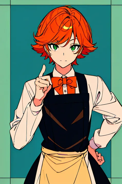 One guy、orange color hair、Green eyes、Character inspired by Neapolitan、friendly and popular personality、Waiters clothes、Standing picture