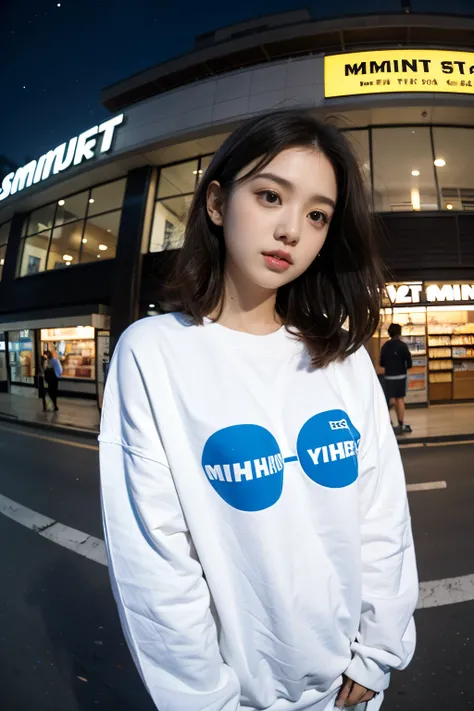 23 years old girl, medium hair, white oversize sweatshirt, (oversize_shirt), sweatpants, in front of minimarket, city street, night, close up, from below, (fish eye), (photorealistic:1.2), (ultra realistic:1.3), (very detailed:1.1), ((masterpiece)),