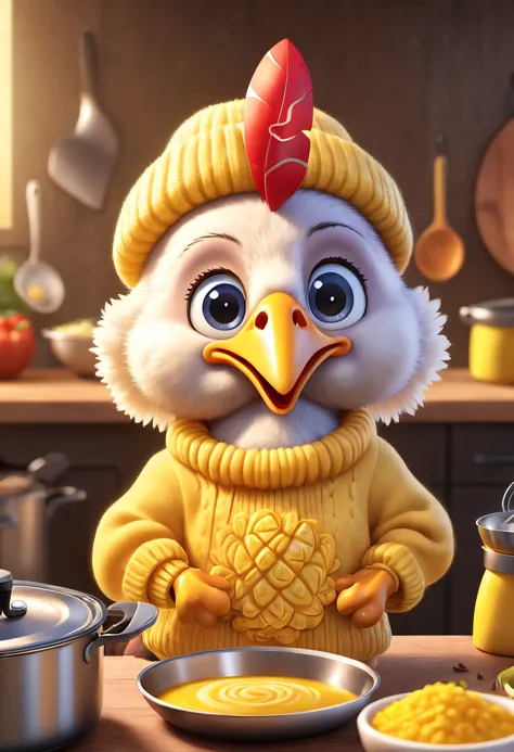 Brand advertising, Creative poster, Cute turkey cooking in stylish yellow sweater，Pixar Zwilling, 3 Rendering, Focus sharp, ultra-realistic realism, Fluffy, fantasy engine, 5 quality rendering, 3 Rendering, furry art,