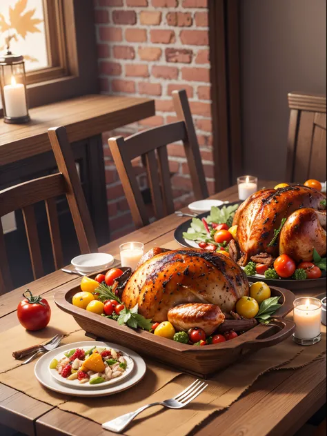 thanksgiving，Roast turkey,cumin，chili pepper, onion，tomato，those fruits，Tasty，smacking lips，Excellent food，at a dinner table，Light candles，Best quality，8K，tasty food