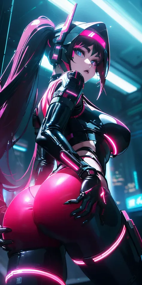 top-quality))、((​masterpiece)、cyberpunked、Big buttocks、Electronic visor attached to 12-year-old girls face with emphasis on buttocks、Cyberpunk Fashion、Sexy Posing、(Wearing shiny red body spats on the lower body、Breasts enlarged、Neon lights in dark city at ...