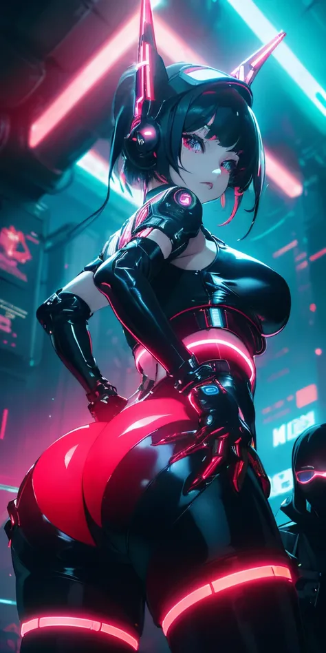 top-quality))、((​masterpiece)、cyberpunked、Big buttocks、Electronic visor attached to 12-year-old girls face with emphasis on buttocks、Cyberpunk Fashion、Sexy Posing、(Wearing shiny red body spats on the lower body、Breasts enlarged、Neon lights in dark city at ...