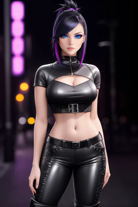 beautiful girl, ((standing:1.4)), (confident gaze:1.1), full body, short bright neon streaked black hair, ((realistic highly detailed eyes:1.4)), ((seductive pose:1.2)), black eyeshadow, (street style wear:1.2), ((tight fitted pants)), ((knee high leather ...